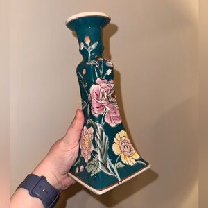 Teal Floral Candlestick Holder - Decorative Home Accent